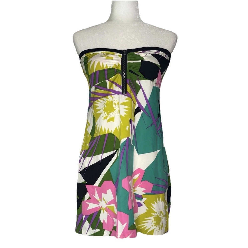 ROXY‎ Dress LG  Y2K Strapless Bright Abstract Tropical Floral Zip Bodice Mini